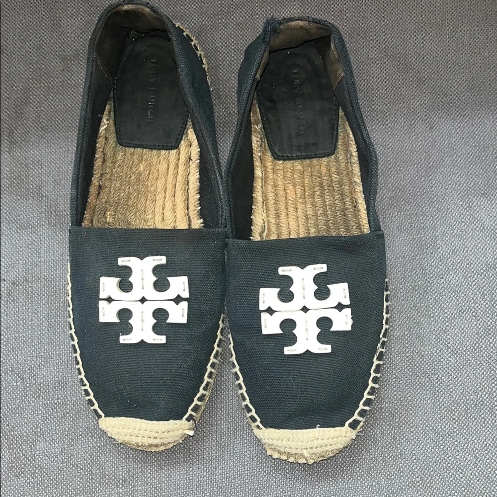 Tory Burch midnight blue Canvas Espadrille Flats with White Logo